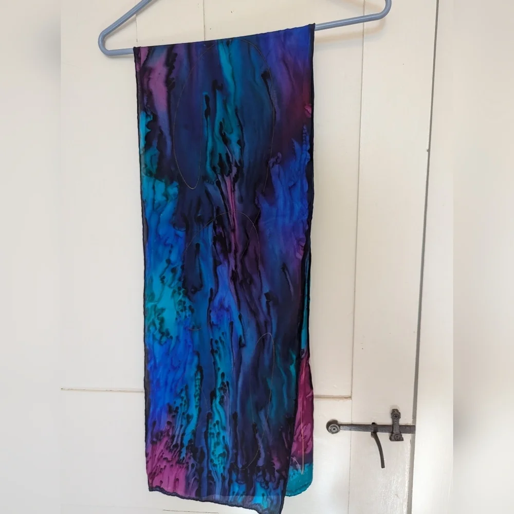 Artisan Silk Scarf Jewel Toned Hand Dyed Vibrant Multicolor Skinny Gold Accents